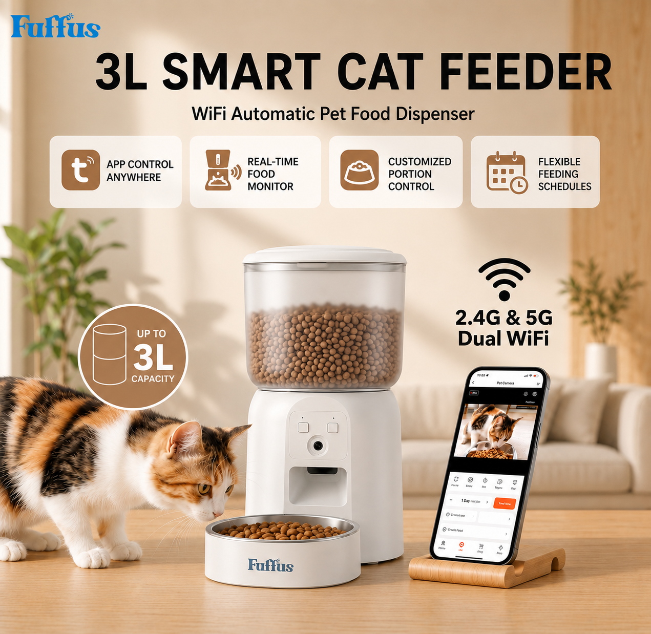 fuffus 3L Automatic Cat Feeder with Camera, Tuya Smart App Controlled Pet Feeder for Single Cat, Affordable Video Monitor